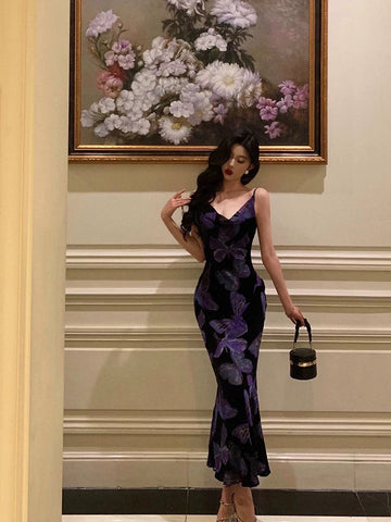 Sheath Spaghetti Straps Floral Grape Butterfly Fold Long Prom Dresses Birthday Outfits SD612